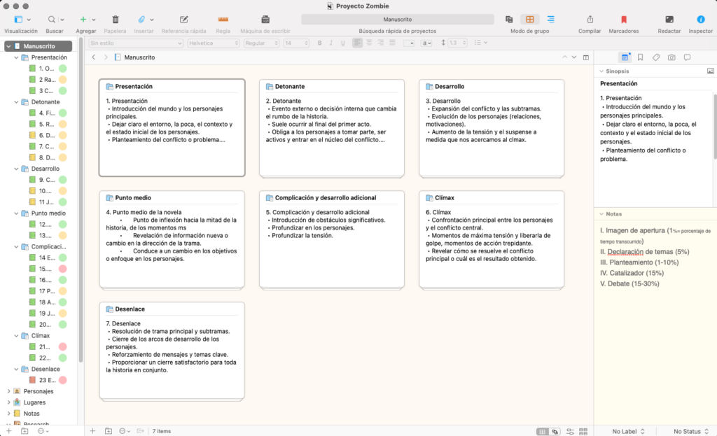 Escaleta de una novela en Scrivener